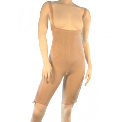 Liposuction garment with low back and above knee bodysuit design for liposuction or body lift
