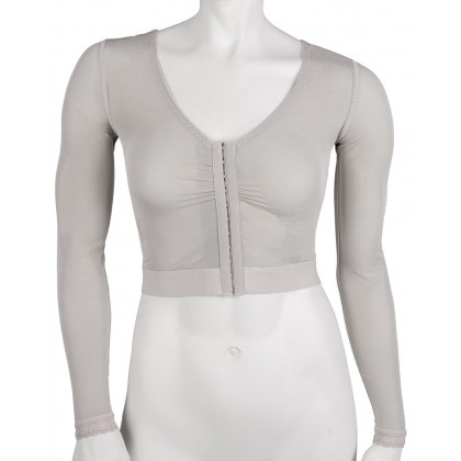 Post surgery compression top to wear as surgical garment for upper body plastic or cosmetic surgery