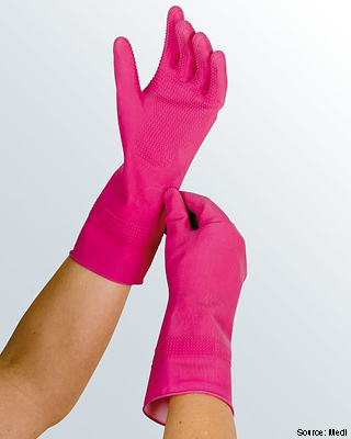 Donning gloves to wear and remove compression stockings